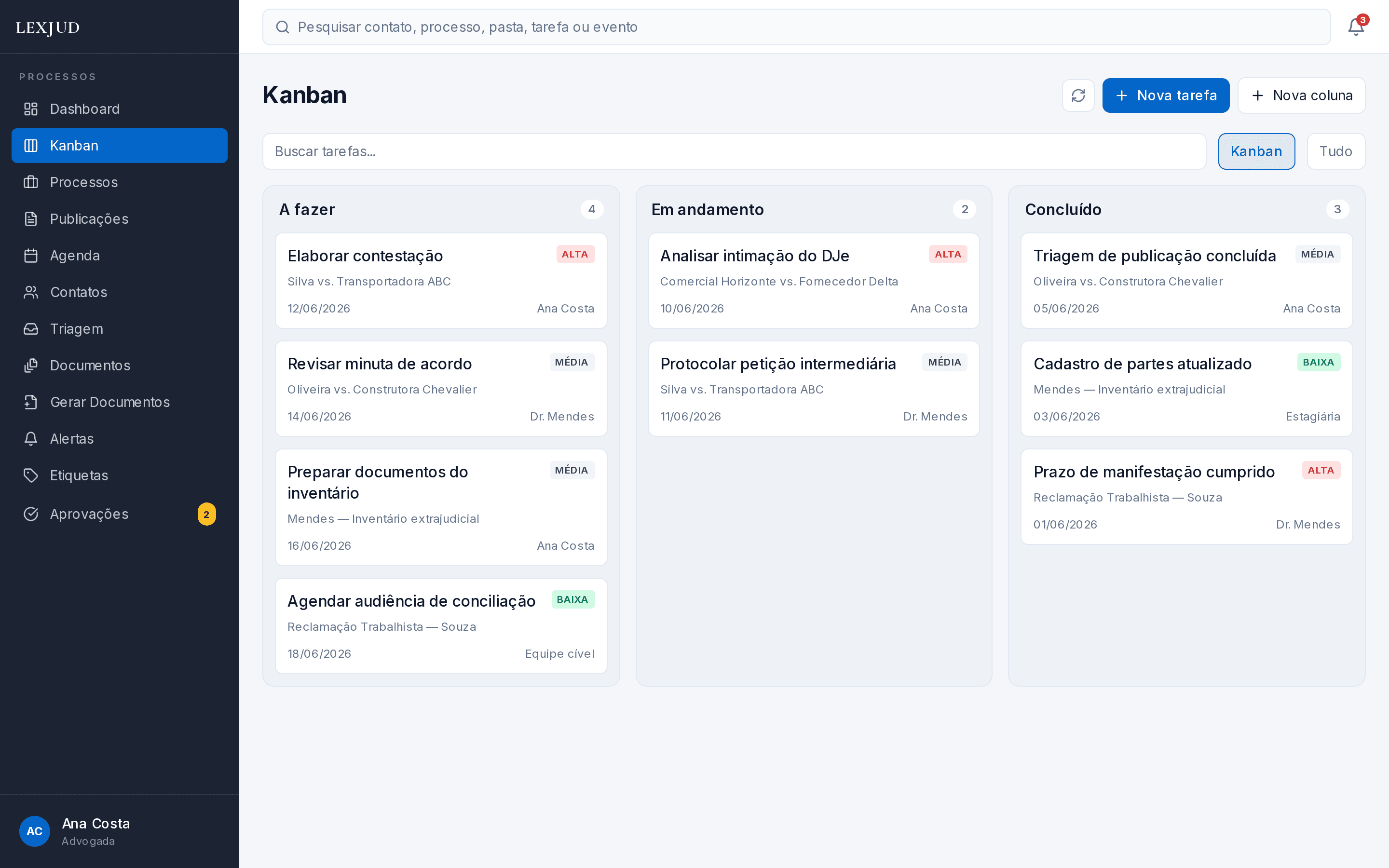 Quadro Kanban de tarefas no Lexjud
